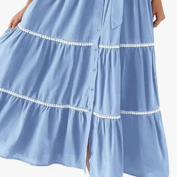 Pretty Garden Button Down Shirt Dress Short Puffy Sleeve Tiered Light Blue - Picture 5 of 8